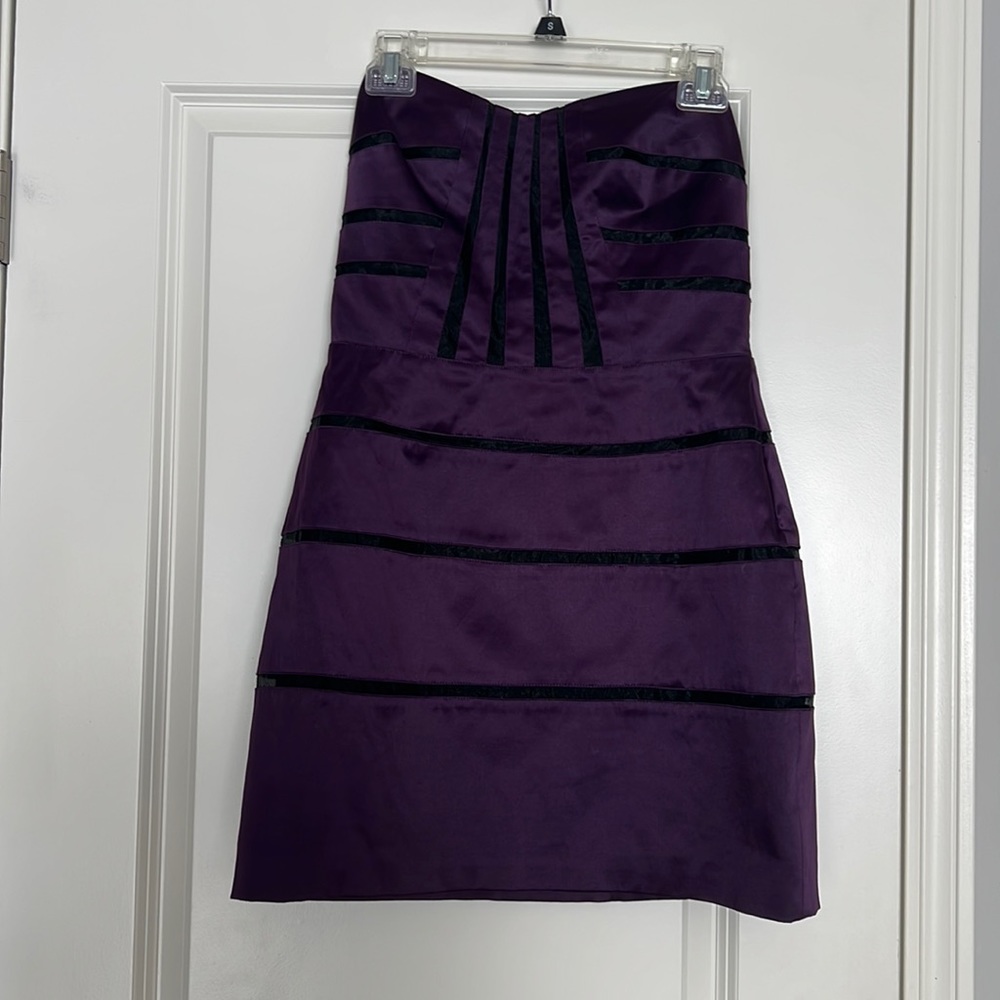 Purple strapless BCBG dress with sweetheart neckline